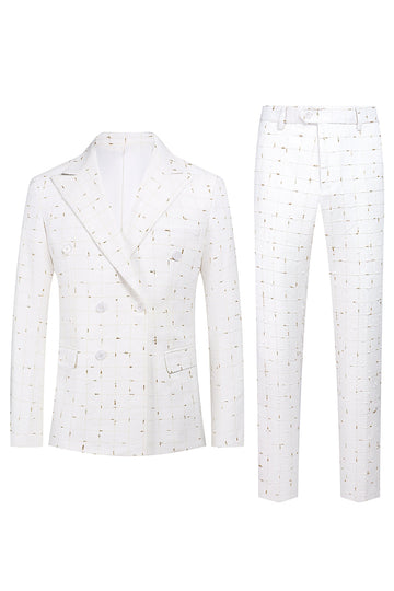 Branco xadrez duplo peito 2 peças homens ternos de baile